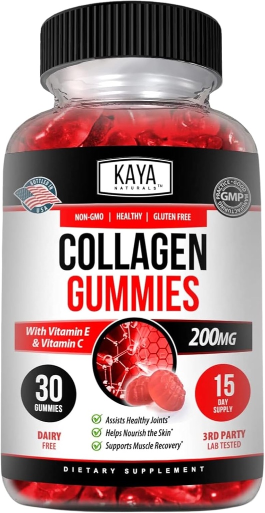 Kaya Naturals Collagen Gummies for mænd og kvinder Supplement 124; Nature Made Gummies - 1000 mg hydrolyseret Collagen, C-vitamin, Selen & Biotin, Strawberry Flavor - 30 Greve
