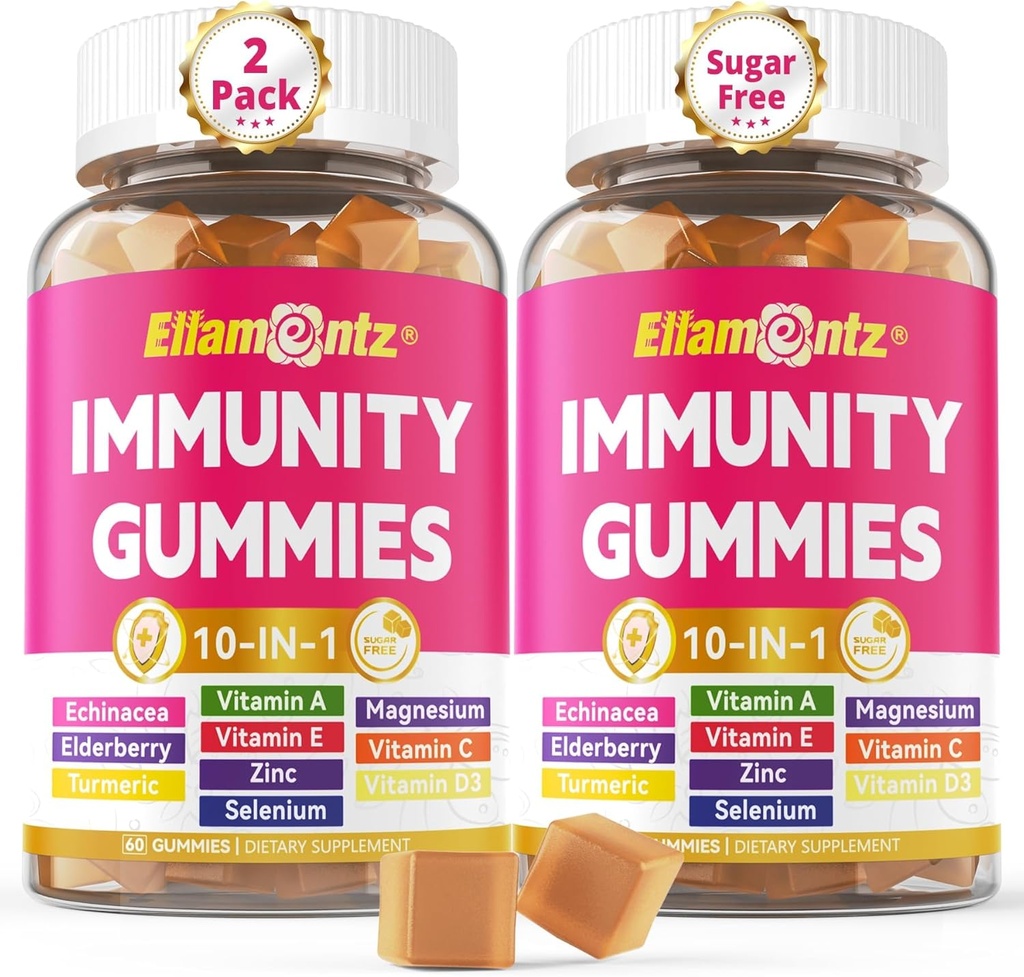 10- 1- immungummier med Multivitaminer, 100% daglig zink, C-vitamin & D3 Immunitet Supplement + Echinacea, Sambucus Elderberry, gurkemeje, Magnesium, immunforsvar, total sundhed, sukker fri, 2 pakke