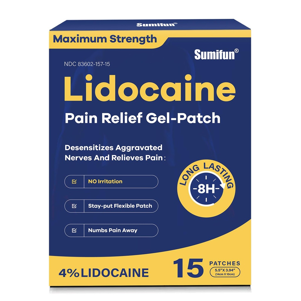 Sumifun 4% Lidocain Smerte Relief Patches 15 Tæller maksimal styrke Nummerering Gel Patch til tilbage Knee Neck fælles Ache Muskel ømhed Topical Analytisk