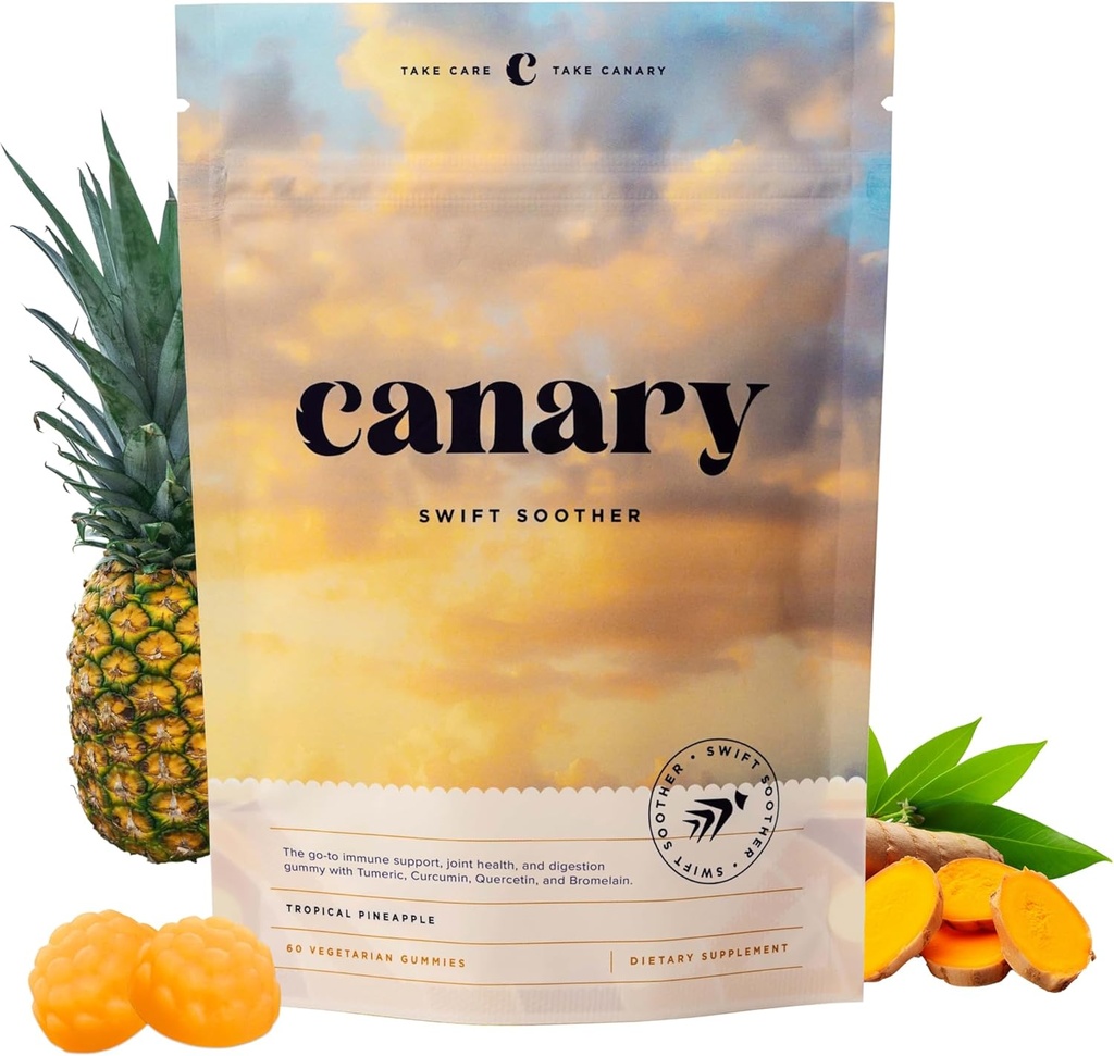 Canary Swift Swift Soothing Gummies against 124; Bromelain, Curcumin, Quercetin, og gurkemeje Supplement til fælles sundhed & fordøjelse - Vegansk Tropisk Ananas Arv, 60 Gummies