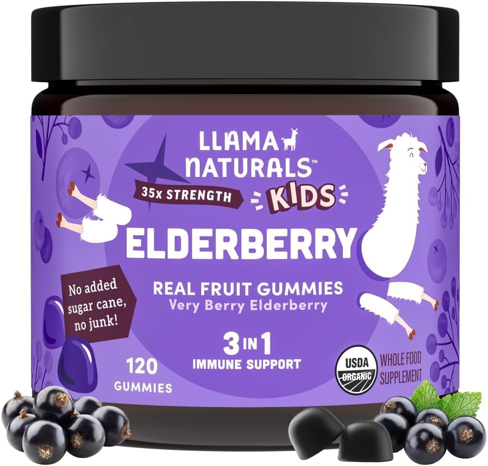 Llama Naturals Elderberry Gummies for Kids, Vegan, Organic Immunoid Support Supplement med C-vitamin og zink, Toddler Real Fruit Gummy Vitaminer for Immunitet, Chewable, Ingen tilsat sukkerrør, 120 Ct