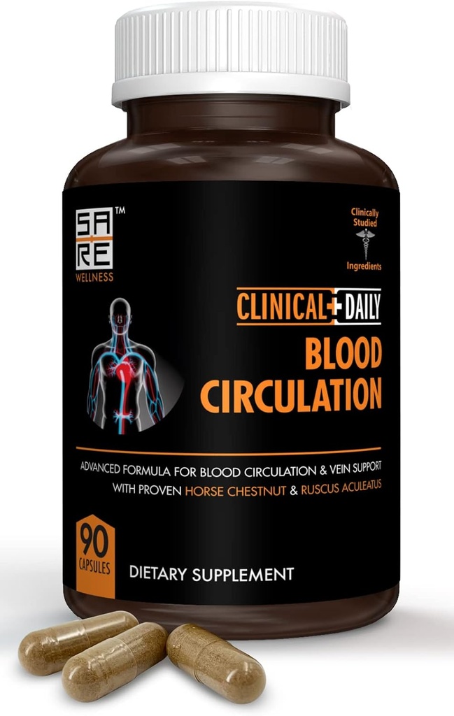 Klinisk daglig blodcirkulation supplement. Slagtere Brun, Horse Chestnut, Cayenne, L- Arginin, Diosmin. Herbal Varicose Vein Behandling. Stakkels cirkulation og Vein Support. 90 Kapsler