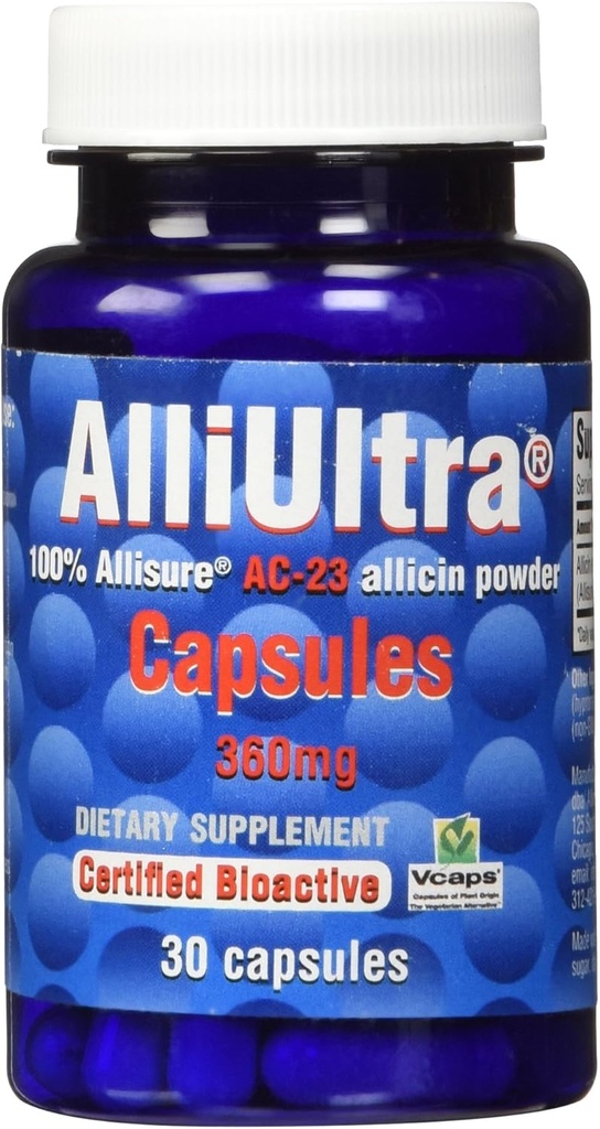 AlliUltra Capsules 360mg - 30 Greve Beeg 124; Høj styrke stabiliseret Allicin hvidløg supplement til naturlig immunforsvar, Plant- baseret, Non- GMO, Vegan, Made in UK