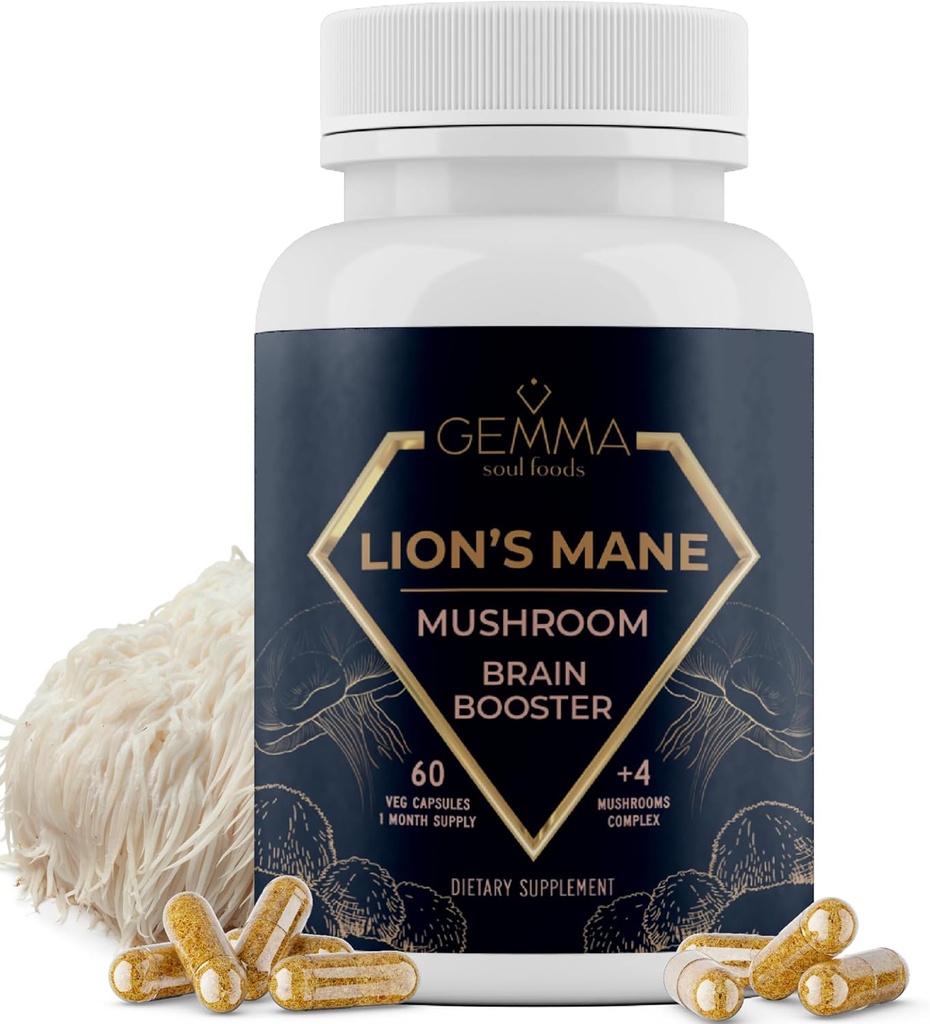 Gemma Soul Foods Organic Lions Mane Mushroom Complex - Non-GMO Lions Mane Supplement Non Tropic Chaga Shiitake og Reishi Focus Supplement 60 Caps