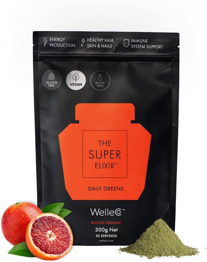 WelleCo Super Elixir, Daily Green Powder med Probiotika, Superfoods & Whole Foods, Blood Orange Drink Mix for Gut Health, Immunity, Energy, Skin & Hår, 10.5oz Jar
