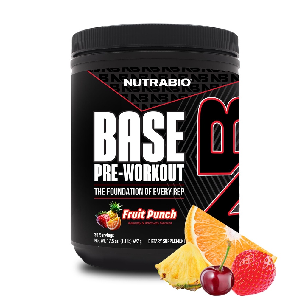 NutraBio Base Pre- workout pulver 200mg Caffiene, Vedvarende energi, Fokus, Endurance, Pump, Sukker fri, Ren Preworkout for mænd og kvinder - Beta Alanine, L- Tyrosine, 30 Servering - Frugt Punch