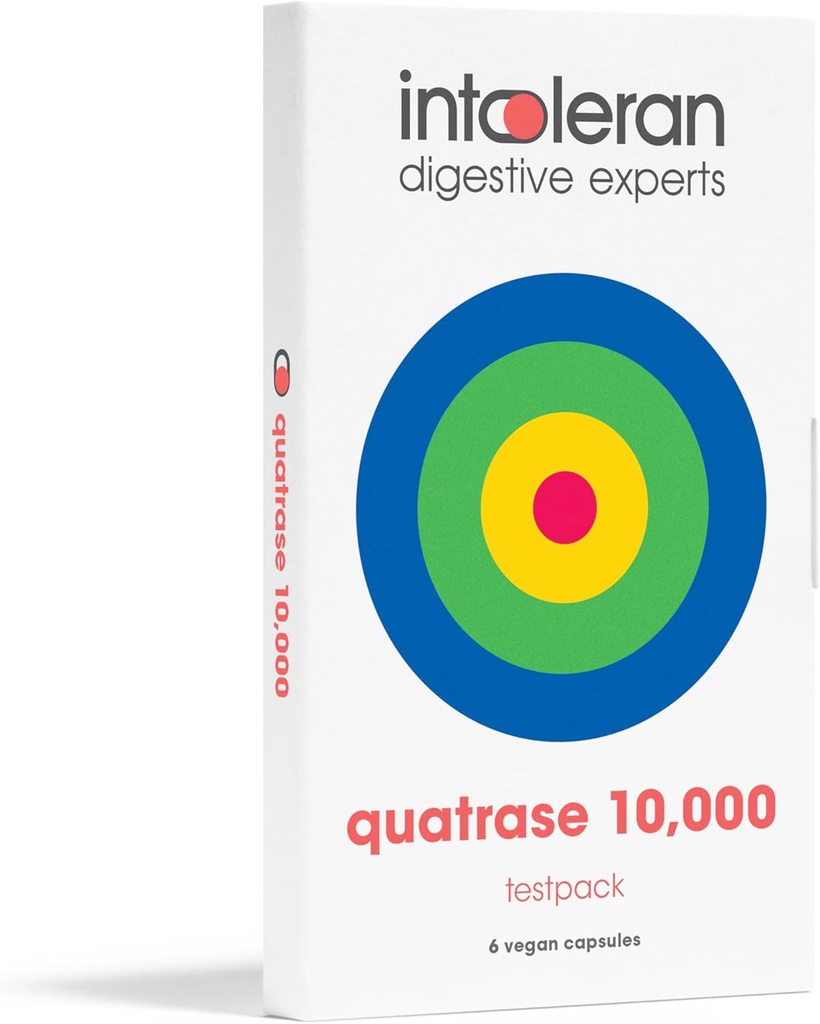 Intoleran Quatrase Forte fordøjelsesenzymer Testpakning - 6 kapsler - 124; Højtdoseret supplement til FODMAP Intolerance - 124; Hjælper med den største laktose og komplekse kulhydrater * - 124; Pure & Vegan - 124; Lav FODMAP...
