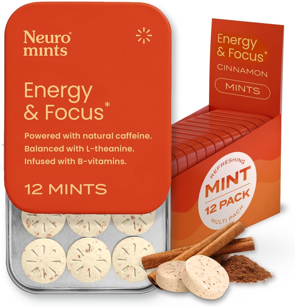 NeuroGum Energy Koffein Mints (144 stykker) - Sukker fri med L- theanin + Natural Koffein + vitamin B12 & B6 - Nootrop Energy & Focus Supplement for kvinder & mænd - Keto & Vegan, kanel flavor