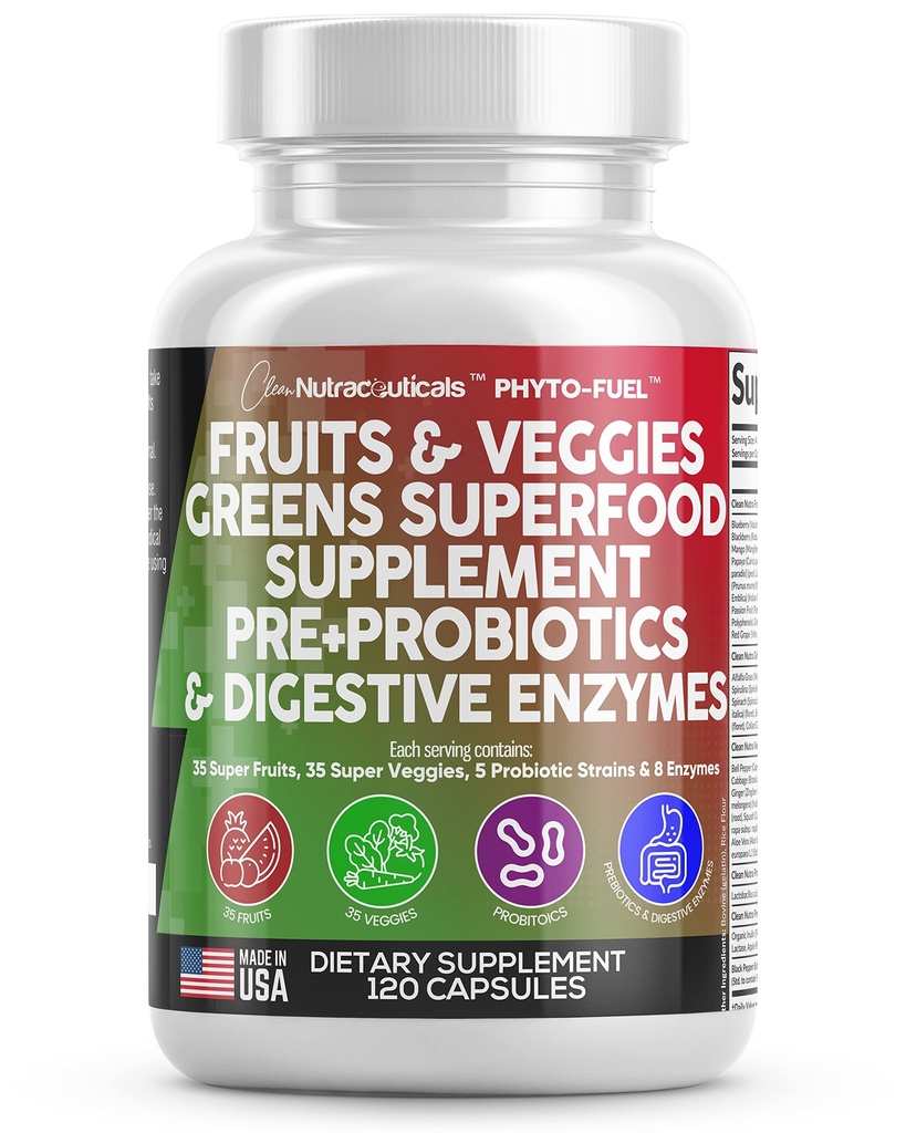 Rene nukleosteroider Frugt og grøntsager Supplement Reds & Green Superfood - Balance på over 70 Frugt & Vegetabilske Kosttilskud Kapsler med Probiotika Prebiotika Digitale enzymer - 120 Ct USA