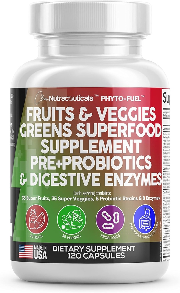 Rene nukleosteroider Frugt og grøntsager Supplement Reds & Green Superfood - Balance på over 70 Frugt & Vegetabilske Kosttilskud Kapsler med Probiotika Prebiotika Digitale enzymer - 120 Ct USA