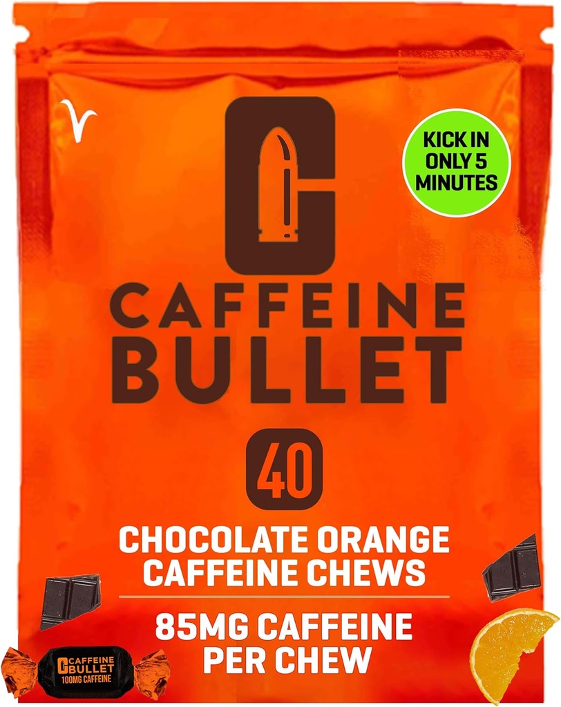 Koffein Bullet Energy Chews - Chokolade Orange. 40 * 85mg - Hurtigere Kick Than Pills, Gels og Gum. Sport Science for løb, Cykling, Gaming & A Pre Workout Endurance Boost.