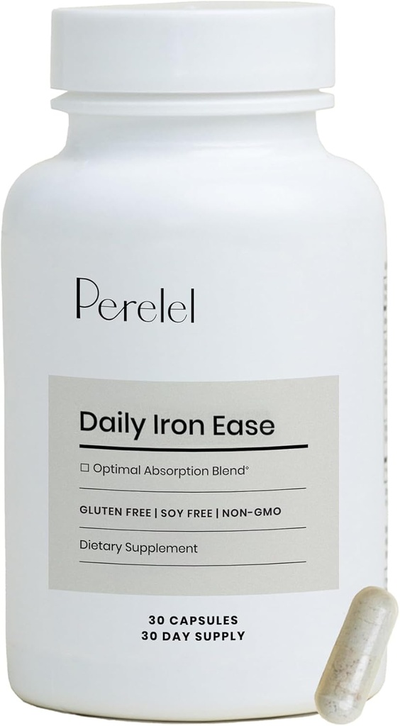 Perrelel Daily Iron Ease, 15MG jerntilskud med Magnesium, C-vitamin, & B12-vitamin til ernæring og energistøtte, kapsler til kvinder og mænd, soja, Dairy & Gluten Free, Non GMO, 30 piller