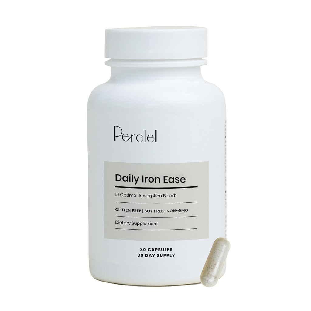 Perrelel Daily Iron Ease, 15MG jerntilskud med Magnesium, C-vitamin, & B12-vitamin til ernæring og energistøtte, kapsler til kvinder og mænd, soja, Dairy & Gluten Free, Non GMO, 30 piller