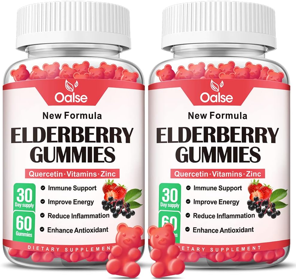 Organic Elderberry Gummies for Kids and Voksen - Sambucus Black Elderberry Gummies + Zink og C-vitamin & D3 Support Immunforsvar Muscle Strength Dental Health [60 Greve (pakke af 2)]
