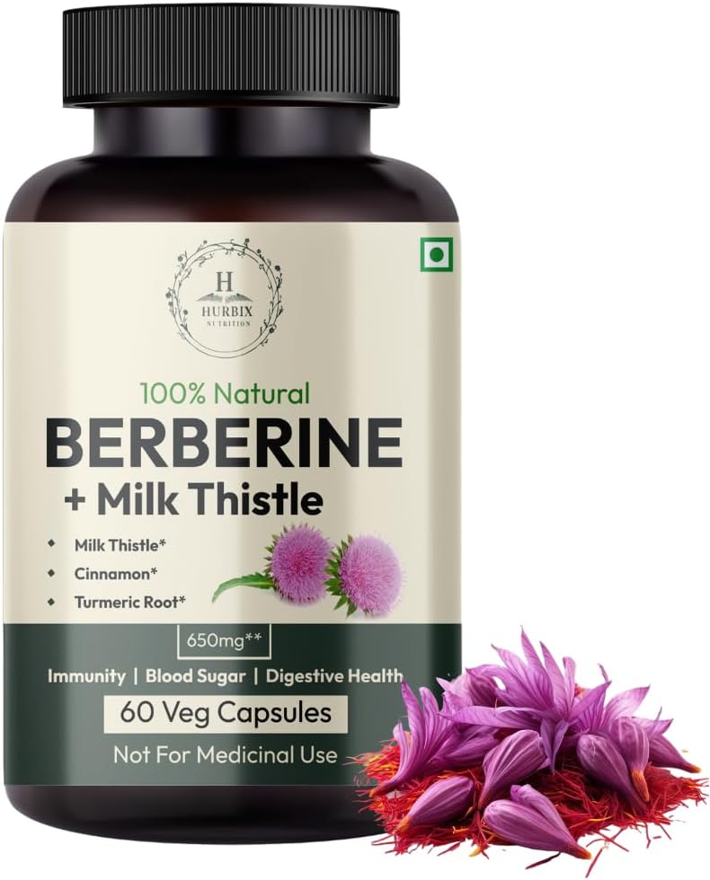 Hurbix Berberine - 1300 mg 2 gange 124; 5 i 1 Forbedret formel med mælk tidsel, gurkemeje & kanel 2 gange 124; Premium højpotens Formel 124; 60 kapsler