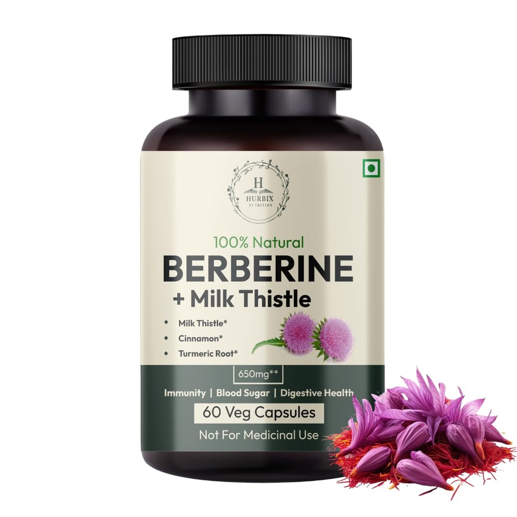 Hurbix Berberine - 1300 mg 2 gange 124; 5 i 1 Forbedret formel med mælk tidsel, gurkemeje & kanel 2 gange 124; Premium højpotens Formel 124; 60 kapsler