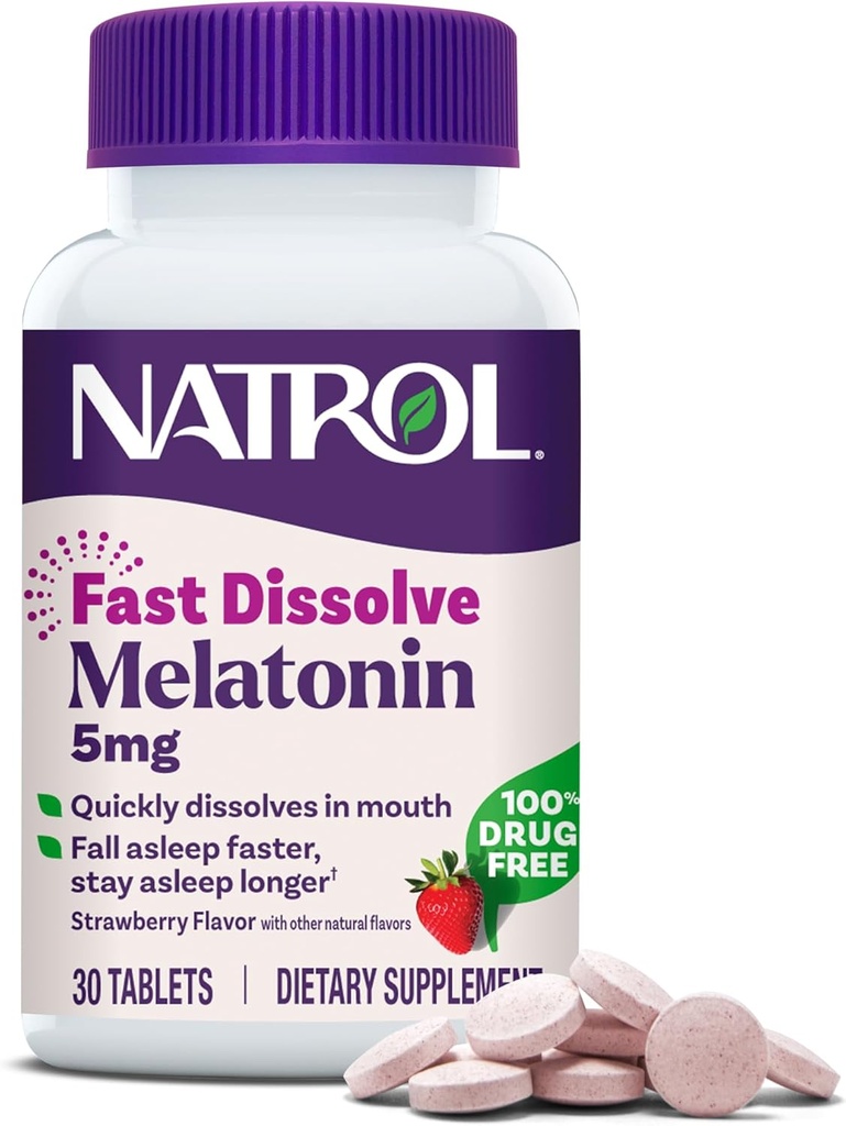 Natrol Fast Dissolve Melatonin 5 mg, Melatonin Supplements for Restful Sleep, Sleep Support for Adults, 30 Strawberry-Flavored Tablets, Up to a 30 Day Supply