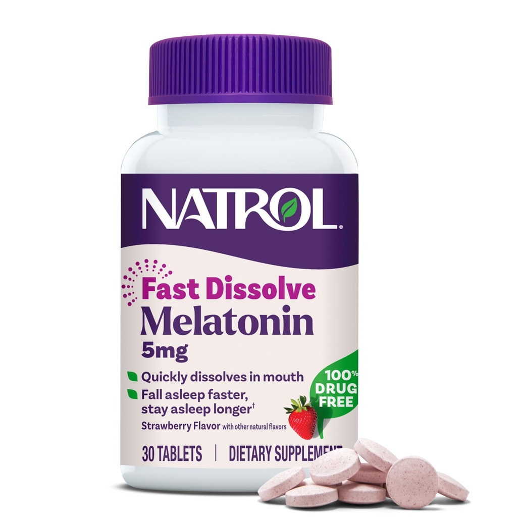 Natrol Fast Opløs Melatonin 5 mg, Melatonin Kosttilskud til rolig søvn, Sovestøtte til voksne, 30 Strawberry- Flavored Tablets, Op til en 30 dages forsyning