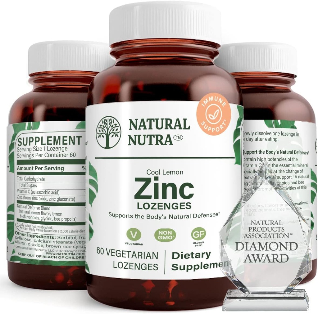Naturlige Nutra Zink Lozenges med C-vitamin, Lemon Flavor, Support Immunation, Nervesystemet & Bone Styrke, Forgudet med Bioflavonoider og Bee Propolis, Sublingual Zink Gluconate, 60 Vegetar