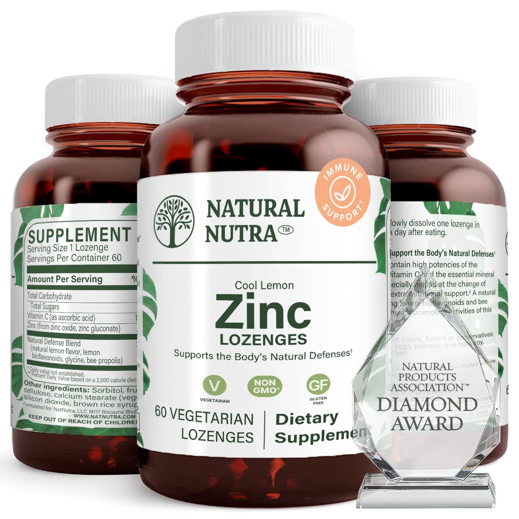 Naturlige Nutra Zink Lozenges med C-vitamin, Lemon Flavor, Support Immunation, Nervesystemet & Bone Styrke, Forgudet med Bioflavonoider og Bee Propolis, Sublingual Zink Gluconate, 60 Vegetar