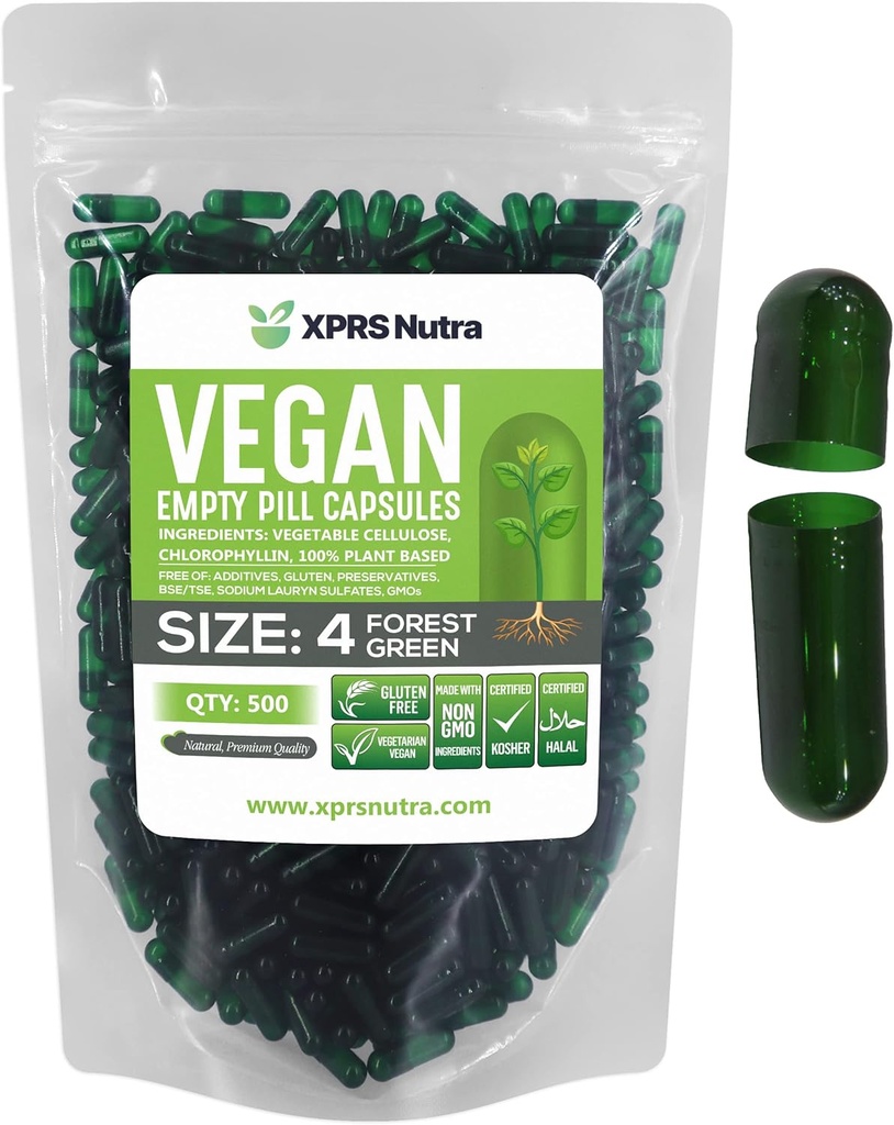 XPRS Nutra Størrelse 4 Tomme kapsler - 500 Greve små tomme Veganske kapsler - selv vegetabilsk kapsel påfyldning - Fyldelig Do- It- Yourself Veggie Pill Caps til kosttilskud (Forest Green)