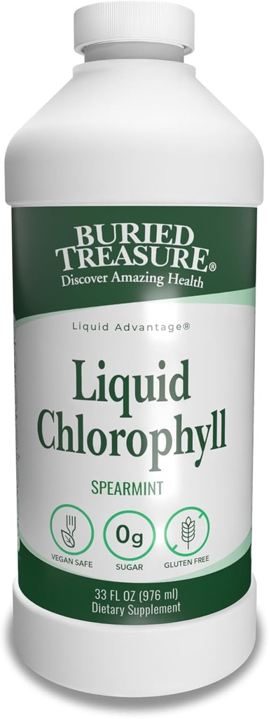Begravet Treasure Liquid Chlorophyll 100 mg, Kosttilskud, Intestinal fordøjelsesstøtte Natural Body Deodorant Vegan Non- GMO Alkohol fri, Spearmint Flavor 32oz