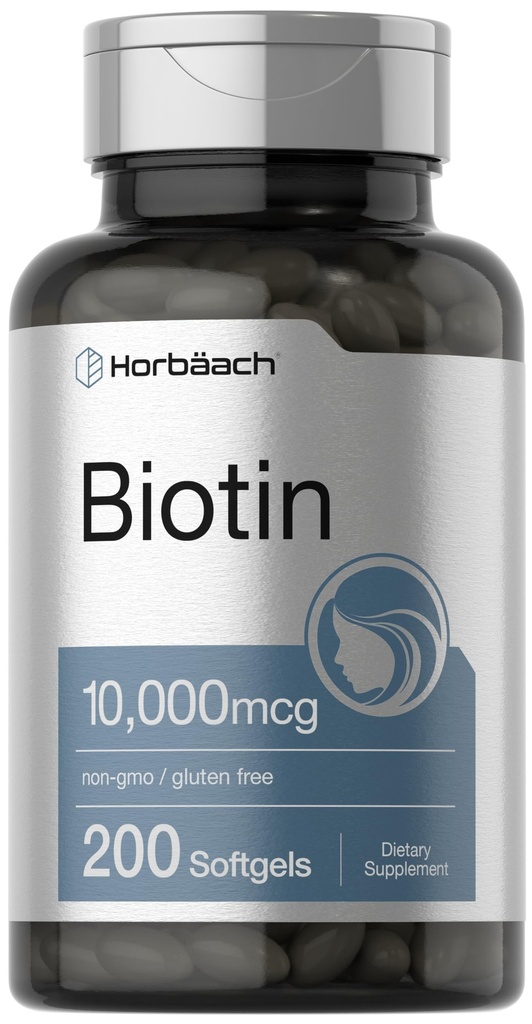 Horbaach Biotin 10000 mcg- 124; 200 Softgels med vitamin B7 - 124; Beauty Formel Supplement - 124; Non- GMO & Gluten Free