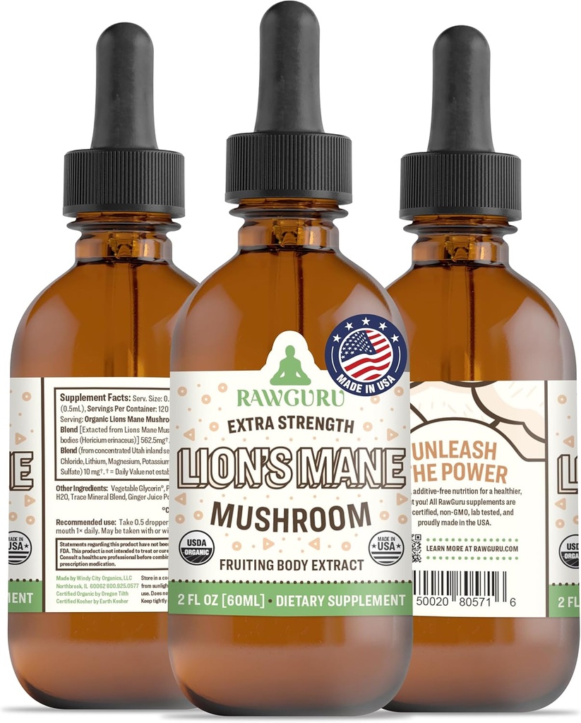 RawGuru Lions Mane Mushroom Tincture - Vegan Lions Mane Extract med Trace Minerals - Nano- Forarbejdede Immunity Boost & Kognitiv Supplement - 120 Serveringer af Vegan Drops pr 60 ml, Pack af 1