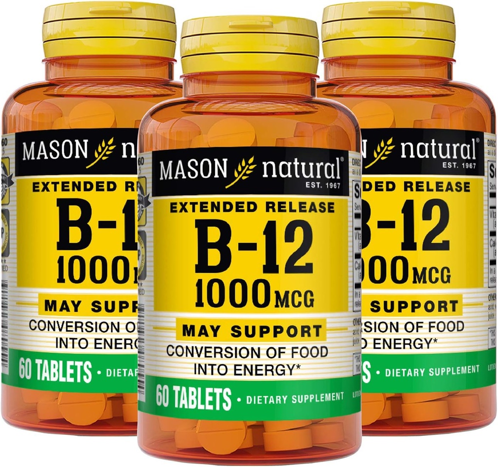 MASON NATURAL B- 12 1000Mcg Cyanocobalamin Extended Release Tablets, 60- Count Flasker (pakke med 3)