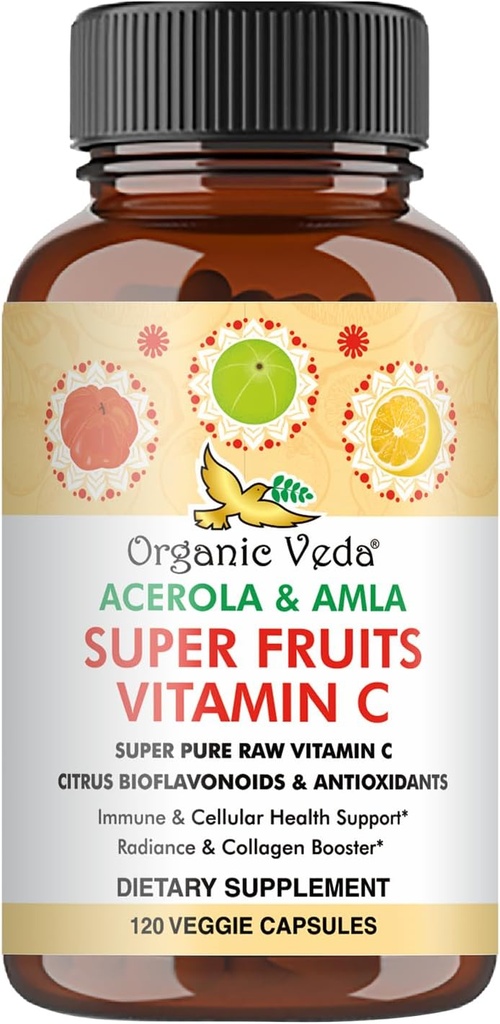 Økologisk Veda Superfrugt C-vitamin Capsule med Acerola Cherry & Amla Berry - Hele fødevarer Natural Vitamin C tillæg med Citrus Bioflavonoider til Immunitet, cellulose & hudsundhed - 120 Vegansk piller