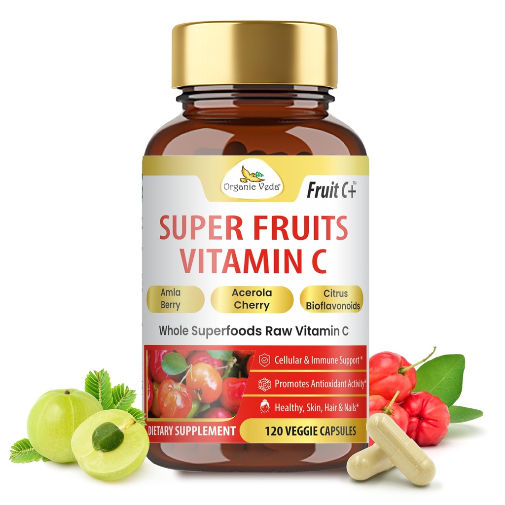 Økologisk Veda Superfrugt C-vitamin Capsule med Acerola Cherry & Amla Berry - Hele fødevarer Natural Vitamin C tillæg med Citrus Bioflavonoider til Immunitet, cellulose & hudsundhed - 120 Vegansk piller