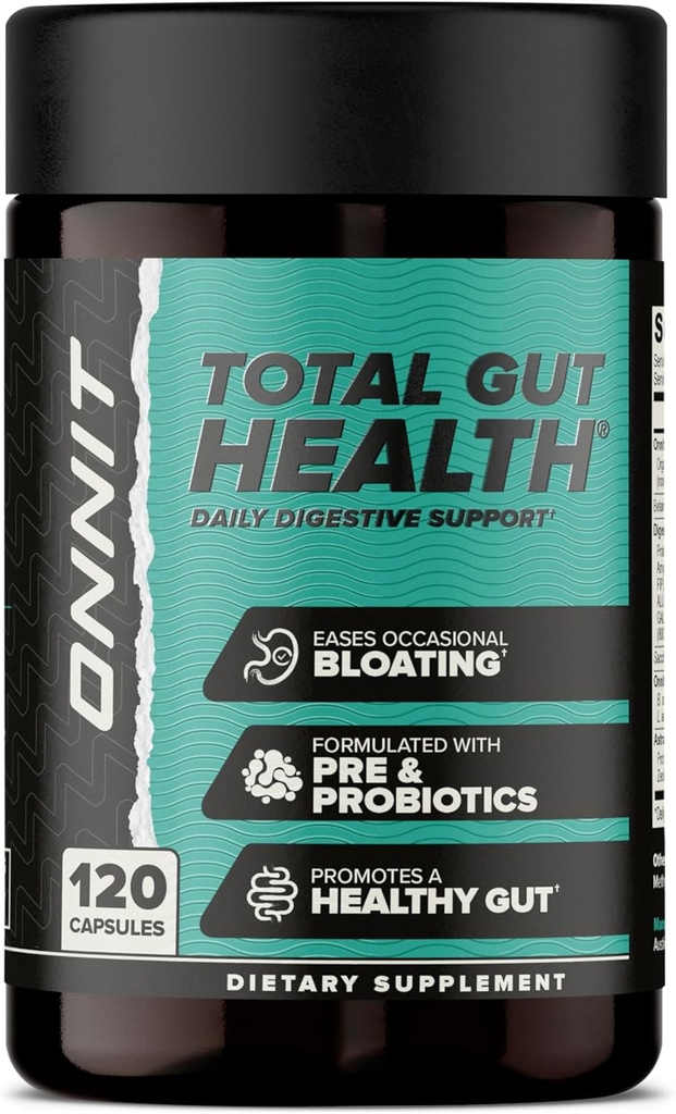ONNIT Total Gut Health Daglig fordøjelsesstøtte, IGEN ™ Non- GMO Testet fordøjelsessupplement for kvinder og mænd med 7 Probiotika, Prebiotika, Enzymer og Betaine HCL, 120 Tæl