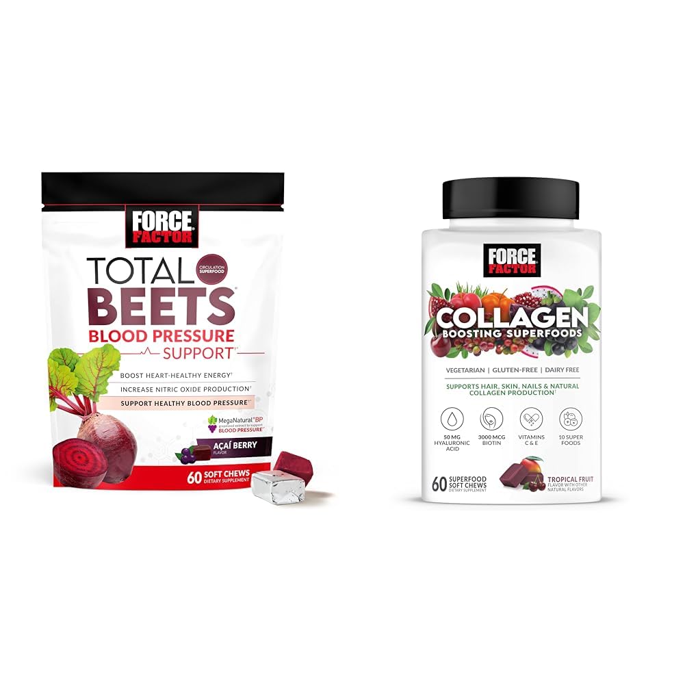 Force Factor Total Beets Blood Pressure Support 60 Chews and Collagen Boosting Superfoods 60 Soft Chews for Heart Health, Skin, Hair, and Nails