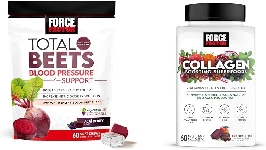 Kraftfaktor Total Beets Blodtrykssupport 60 Chews og Collagen Boosting Superfoods 60 Soft Chews for Heart Health, Hud, hår og negle