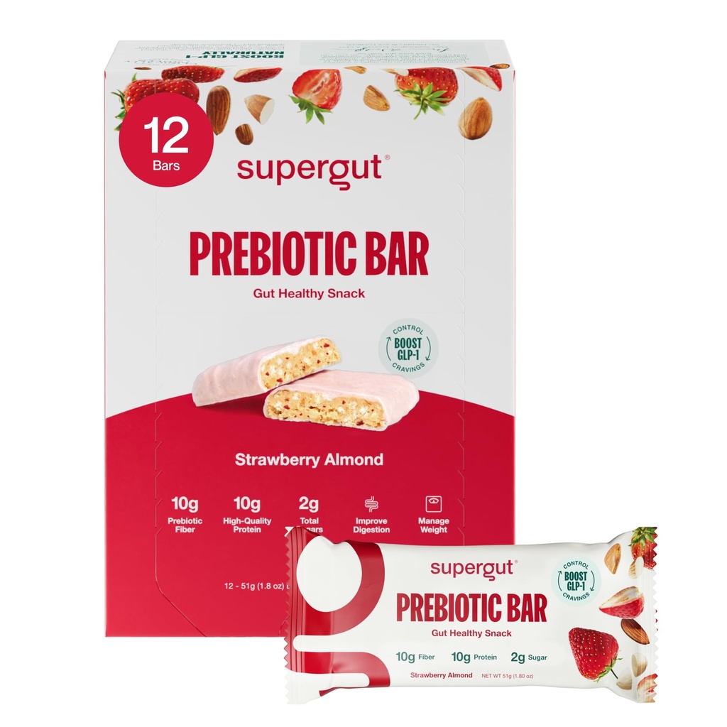 Supergut GLP-1 Boosting Prebiotic Bars, Strawberry Almond - Gut Sund Protein Snacks & Breakfast Bars - Keto-Friendly Meal Erstatning Energy Bars for Gut Health (12 Greve)