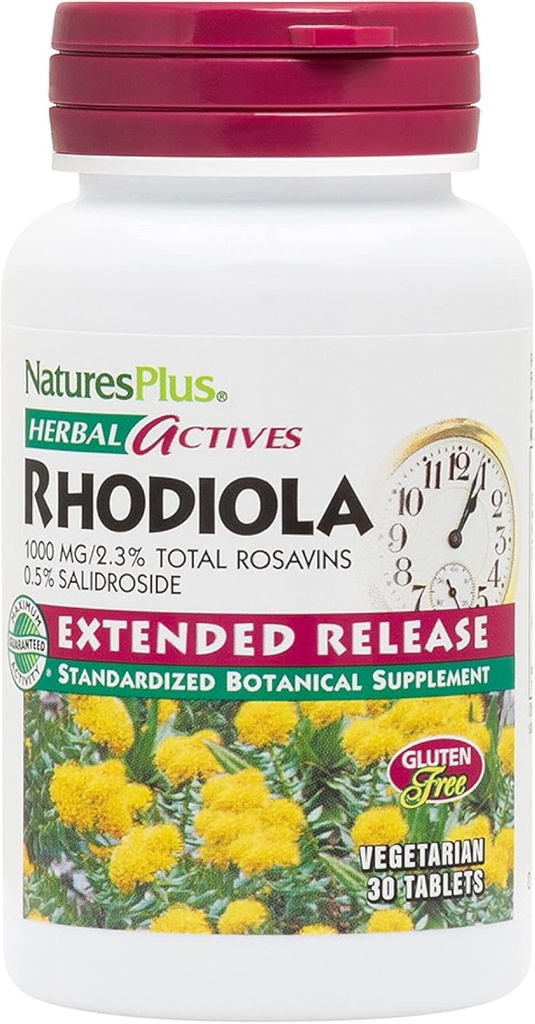 Natures Plus Rhodiola, Extended Release - 1000 mg, 30 Veganske tabletter - Urtetilskud for energi, Focus & Stress Relief - Vegetarisk, Gluten- Free - 30 Serveringer