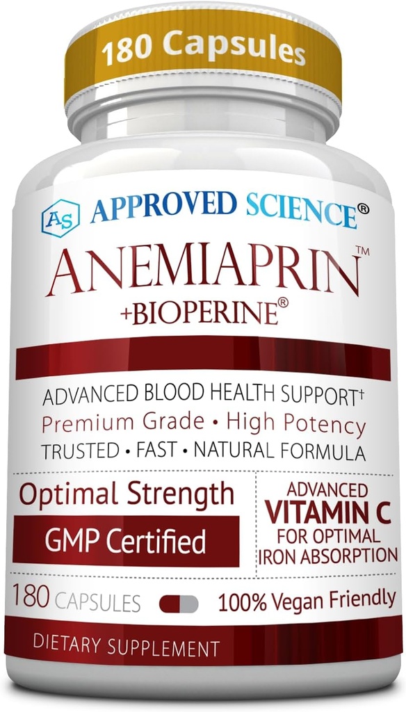 Godkendt videnskab Anemiaprin - Absorberet jern, C-vitamin - blid på maven - 180 kapsler - 3 måneders forsyning - ikke-GMO, Vegan