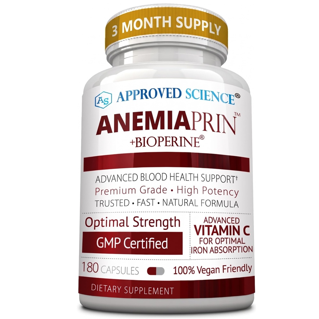 Godkendt videnskab Anemiaprin - Absorberet jern, C-vitamin - blid på maven - 180 kapsler - 3 måneders forsyning - ikke-GMO, Vegan