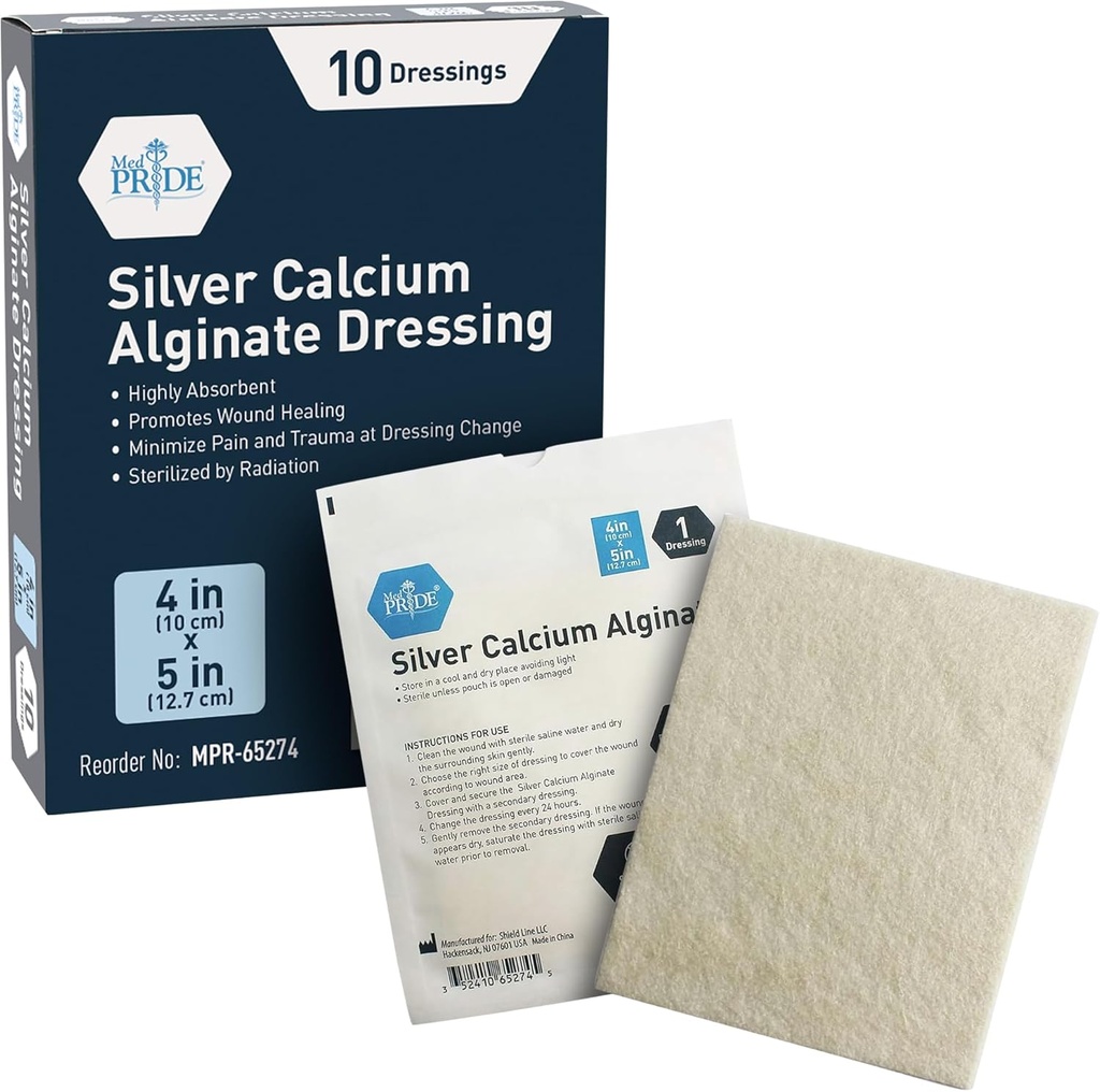 MED PRIDE Silver Calcium Alginate Wound Dressing, 10-Pack | Highly Absorbent, Nonstick, Seaweed, Easy Removal (4'' x 5'' Silver)