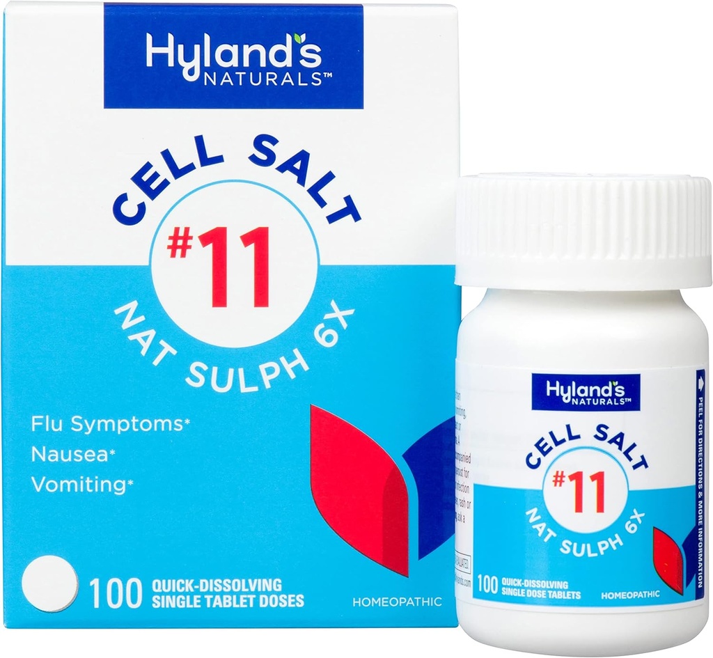 Hyland 's No. 11 Cell Salt Nat Sulph 6X Tablets, Cold and Flue Medicine, Kvalme Relief, Quick Opløsning Tablets, 100 Count