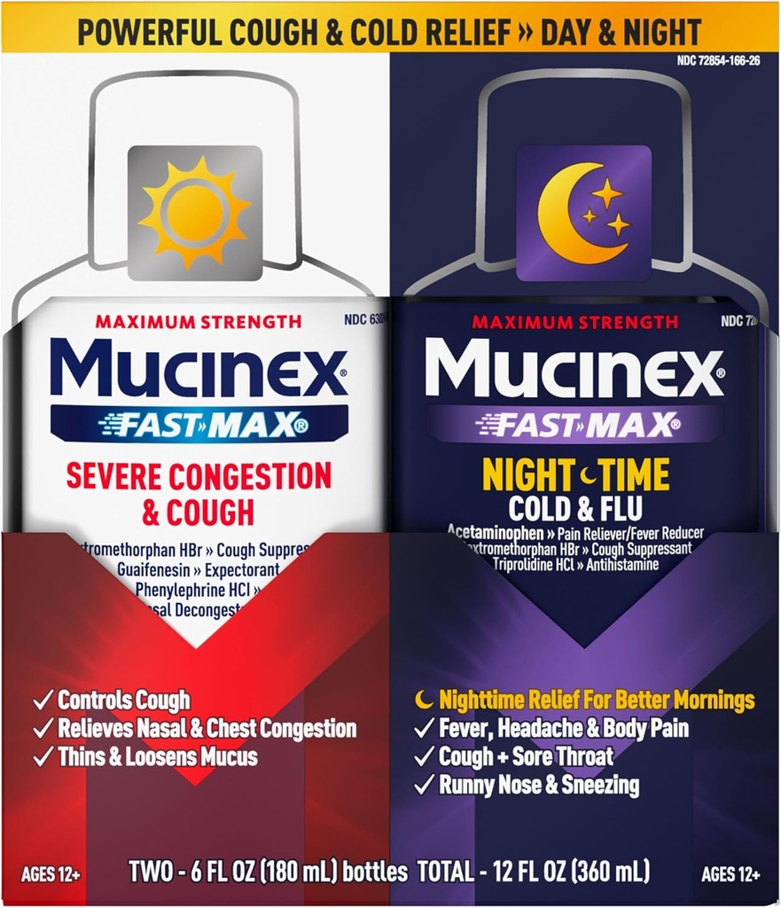 Mucinex Fast- Max & NightShift Combo Pack - Max Strength Hough & Cold Medicines For Mucus Relief, Chest Congestion, Nasal Congestion, Sinus Congestion, Sinus Pressure, Hough Symptom Relief (2x 6 FL OZ)