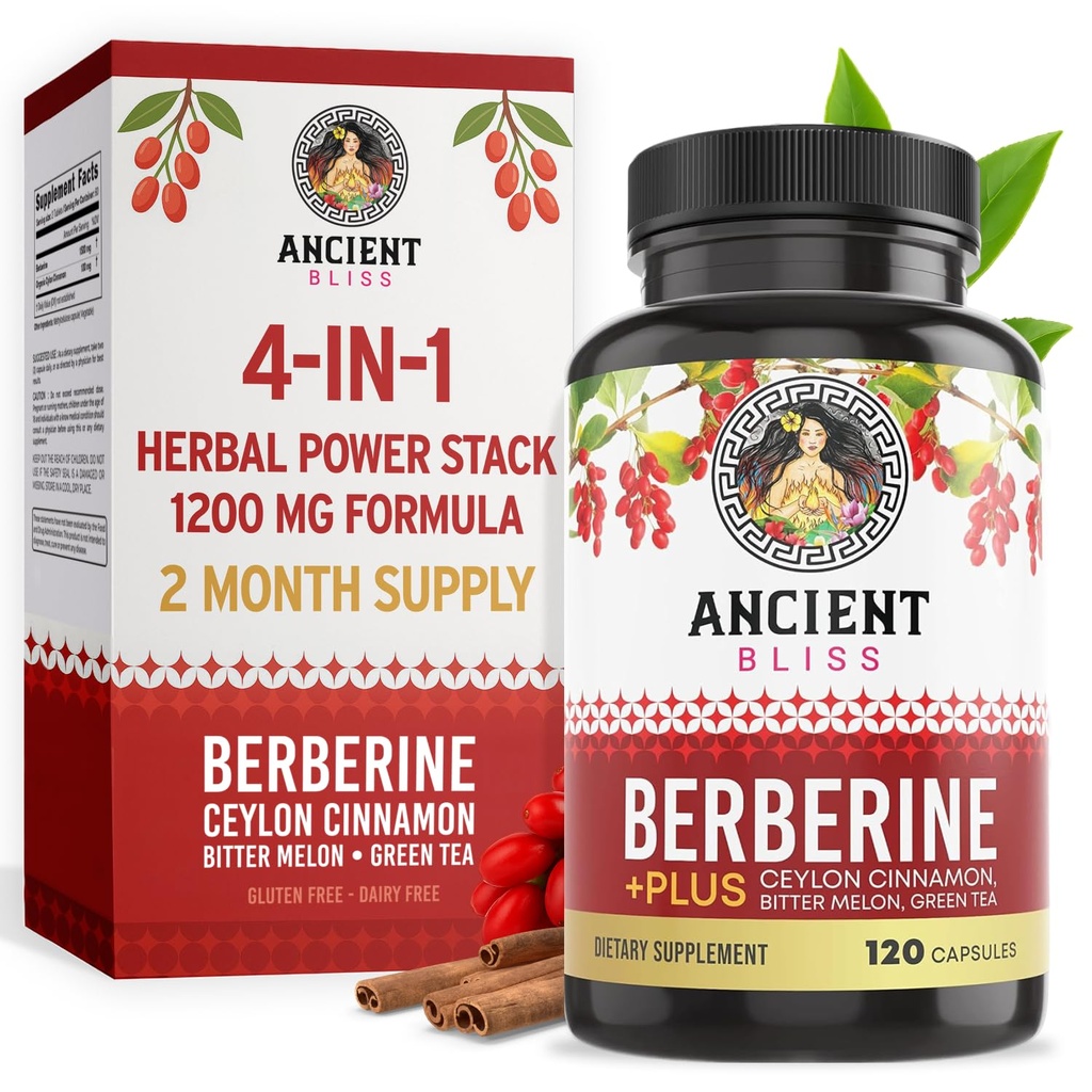 Ancient Bliss Berberine HCL 1200mg med Ceylon kanel, Bitter Melon, og Green Tea Extract - 120 kapsler
