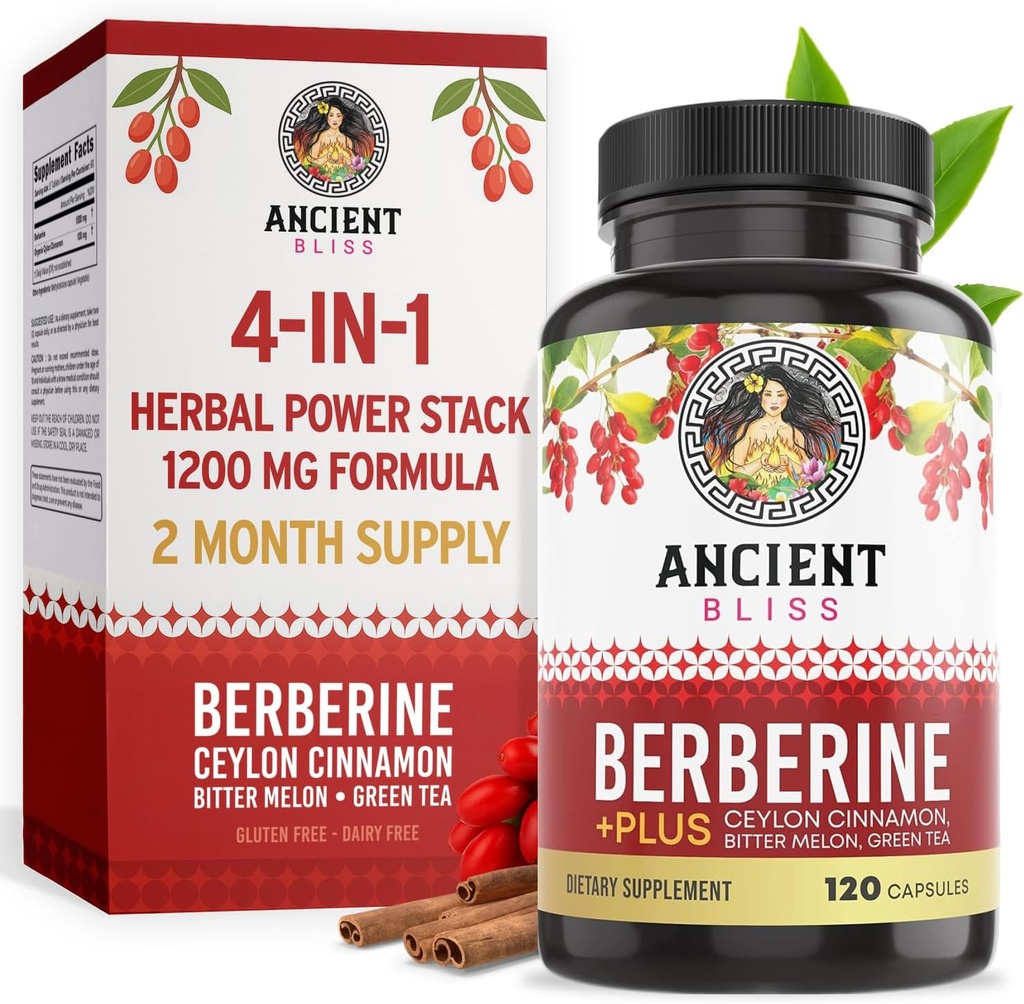Ancient Bliss Berberine HCL 1200mg med Ceylon kanel, Bitter Melon, og Green Tea Extract - 120 kapsler