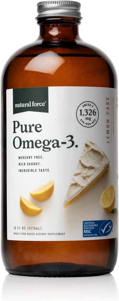 Natural Force Pure Omega 3 - Flydende fiskeolie - Lækker Lemon Cake Flavor - Mercury Free, Wild Catht, Lab Testet - 1,326 mg triglycerid EPA, DHA, & DPA - 16 Oz Glass Flaske