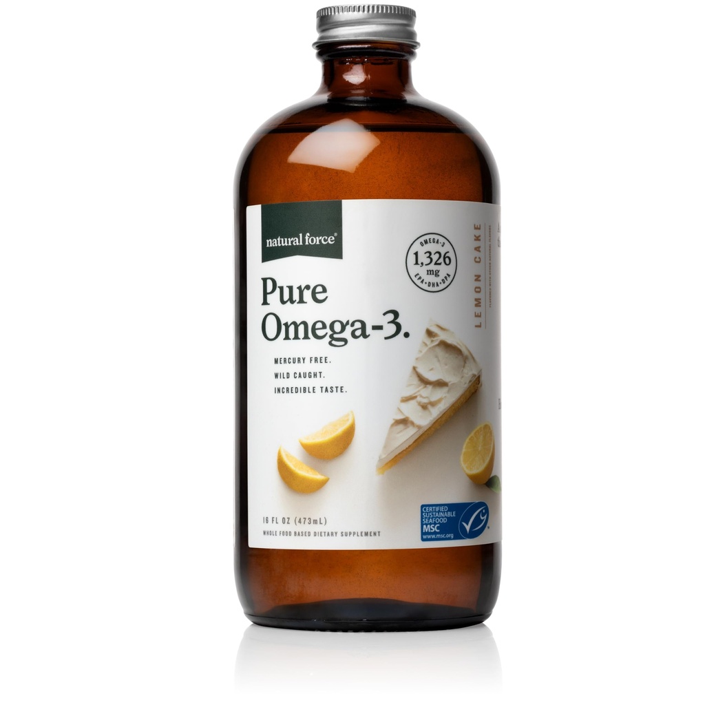 Natural Force Pure Omega 3 - Flydende fiskeolie - Lækker Lemon Cake Flavor - Mercury Free, Wild Catht, Lab Testet - 1,326 mg triglycerid EPA, DHA, & DPA - 16 Oz Glass Flaske
