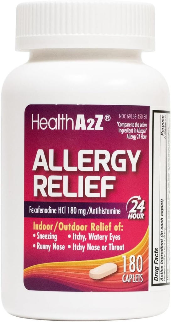 HealthA2Z ® Allergy Relief • 124; Fexofenadin Hydrochlorid • 180mg • 124; 180 Caplets • 124; Antihistamin • 124; 24- Hour Antihistamin for Allergy Relief • 124; Indendørs / Udendørs Relief