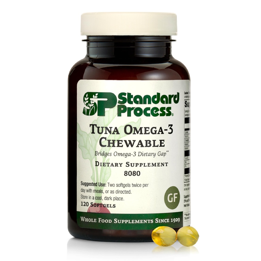 Standard Process Tuna Omega-3 Chewable - Fish Oil Supplement med DHA - Omega-3 Supplement til støtte hjerne & øje sundhed - Excellent kilde til antioxidanter - Gluten- Free & non- Dairy - 120 Softgels