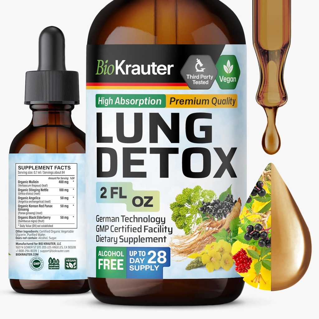 BIO KRAUTER Lung Detox Drops - Pure Vegan Lung Cleanse Flydende Form 2 Fl.Oz 28 dages forsyning - Blend Mullein, Elderberry, Stinging Nettle, Ginseng & Angelica Ekstrakter - Respiratorisk support