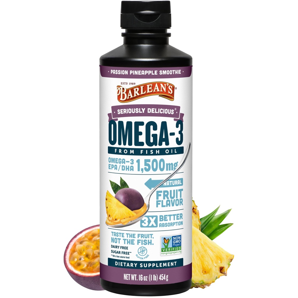 Barlean 's Omega 3 Fish Oil Liquid Supplement for mænd og kvinder, Passion Ananas, 1500mg EPA og DHA Fede Acid, 16 oz