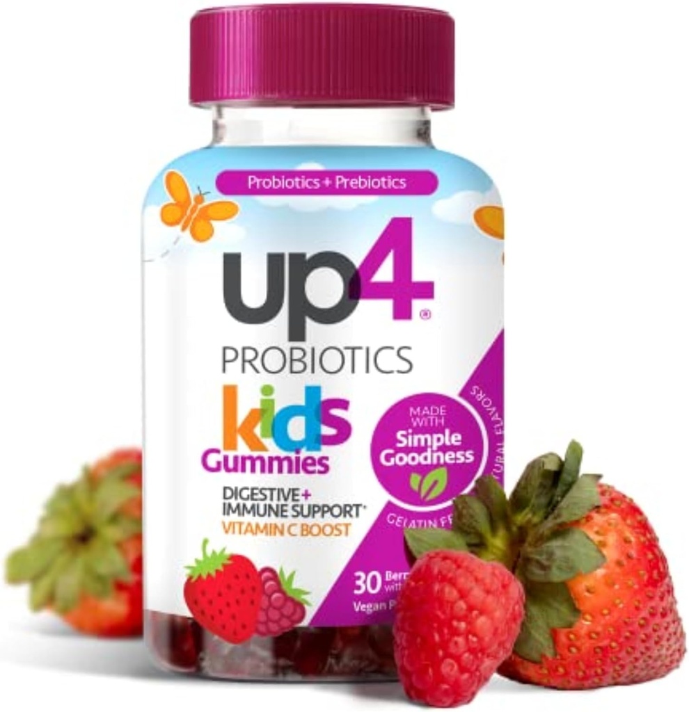 up4 Kids Probiotic Gummies, Digestive and Immune Support with Prebiotics and Vitamin C, Gelatin Free, Gluten Free and Non-GMO, For Ages 3+, 30 count